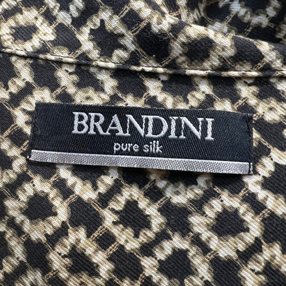 Brandini Black Tan 100% Silk Short Sleeve Button Down Geometric Shirt Large - Picture 4 of 5